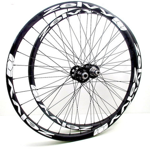 Image of custom hand made Zelvy MTB rims on White Industries XMR hubs. Pair of wheels shown.