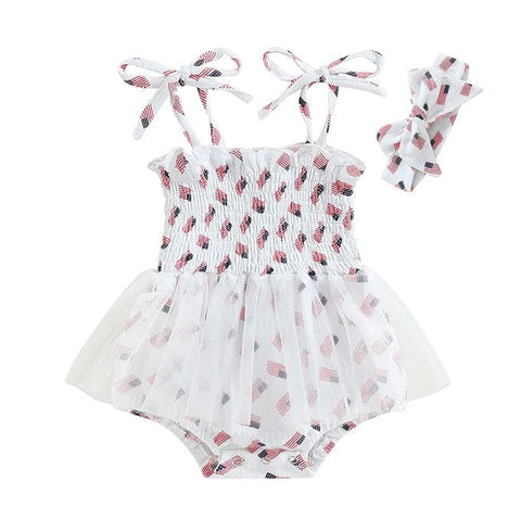 American flag print tulle baby girl romper