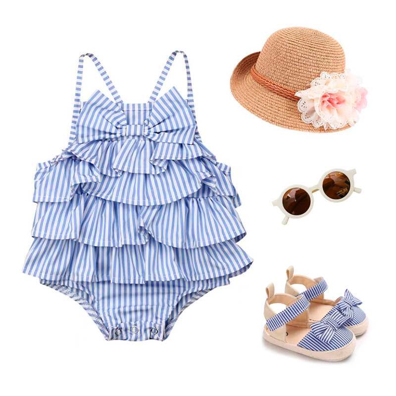 Baby Girl Blue Stripe Ruffled Romper Outfit