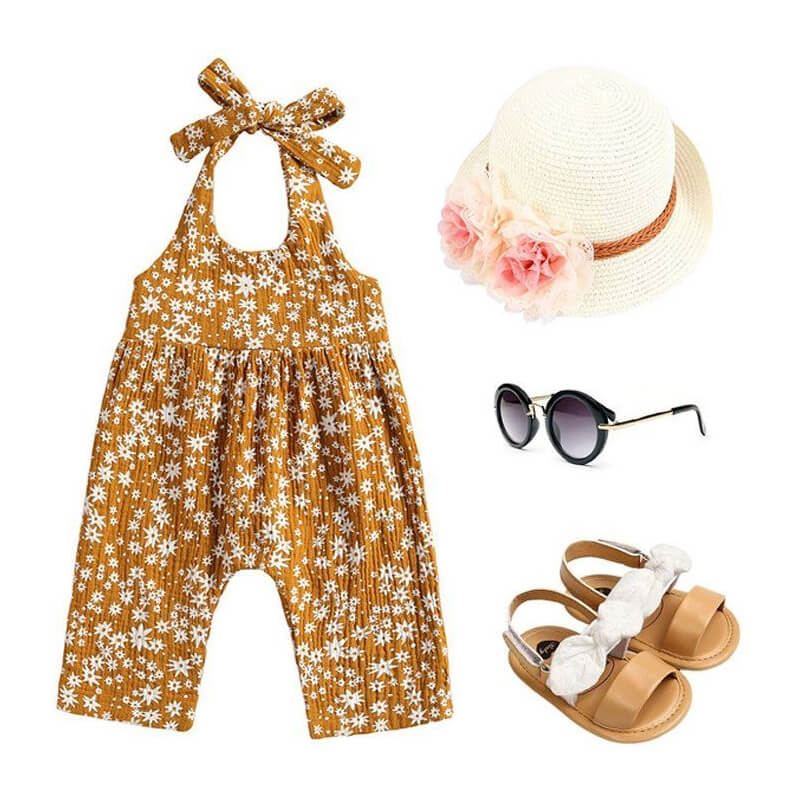 Baby Girl Mustard Sleeveless Floral Jumpsuit Outfit