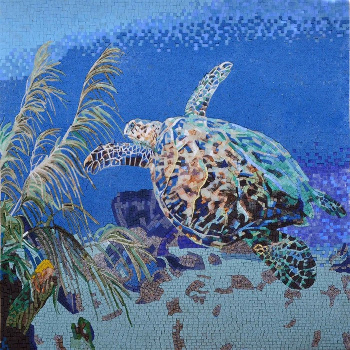 Arte de mosaico de piscina de tortugas marinas flotantes — Fuente: Mozaico