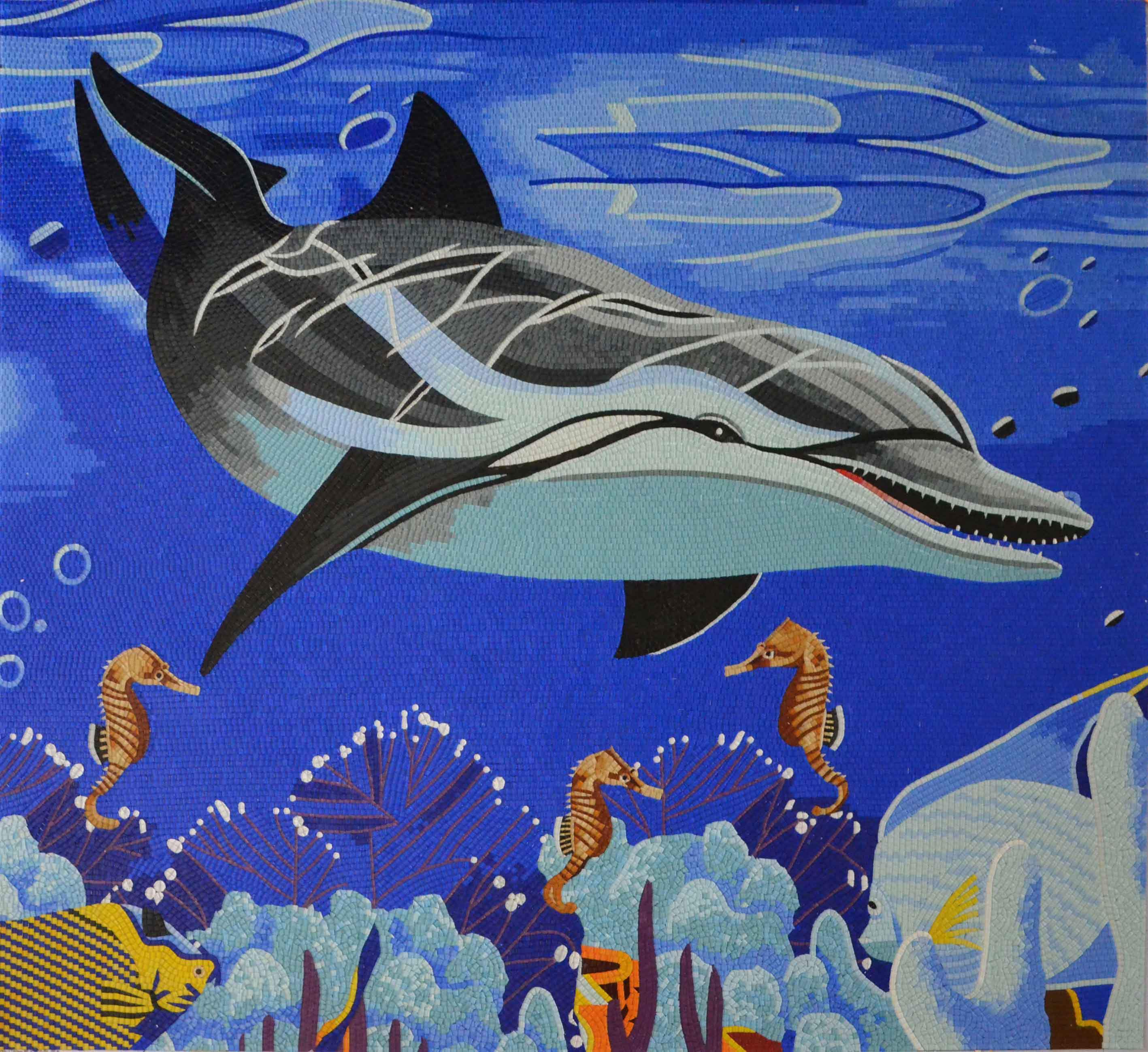 Mosaic Artwork - Striped Dolphin & Seahorses