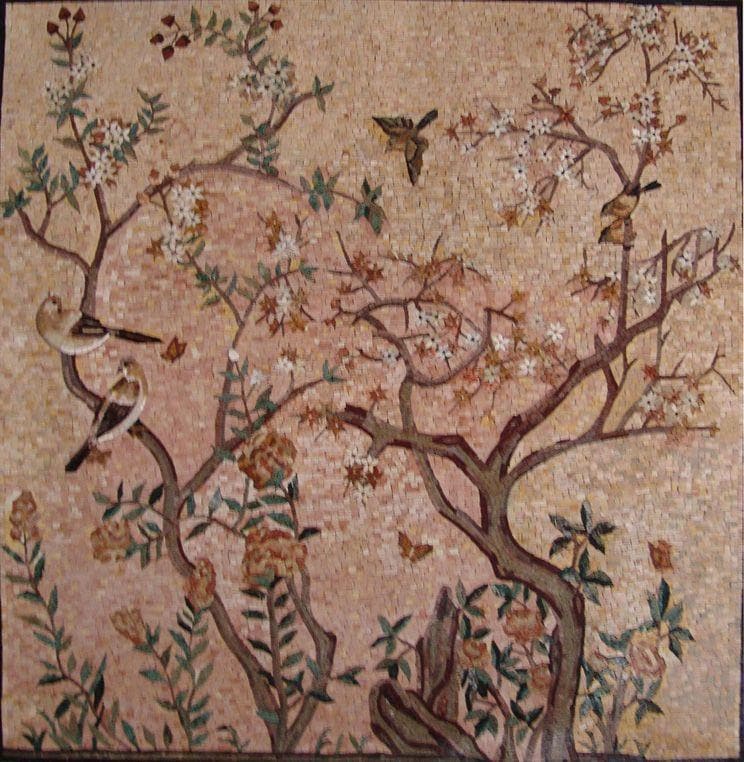 Mosaic Art - Blooming Tree and Birds