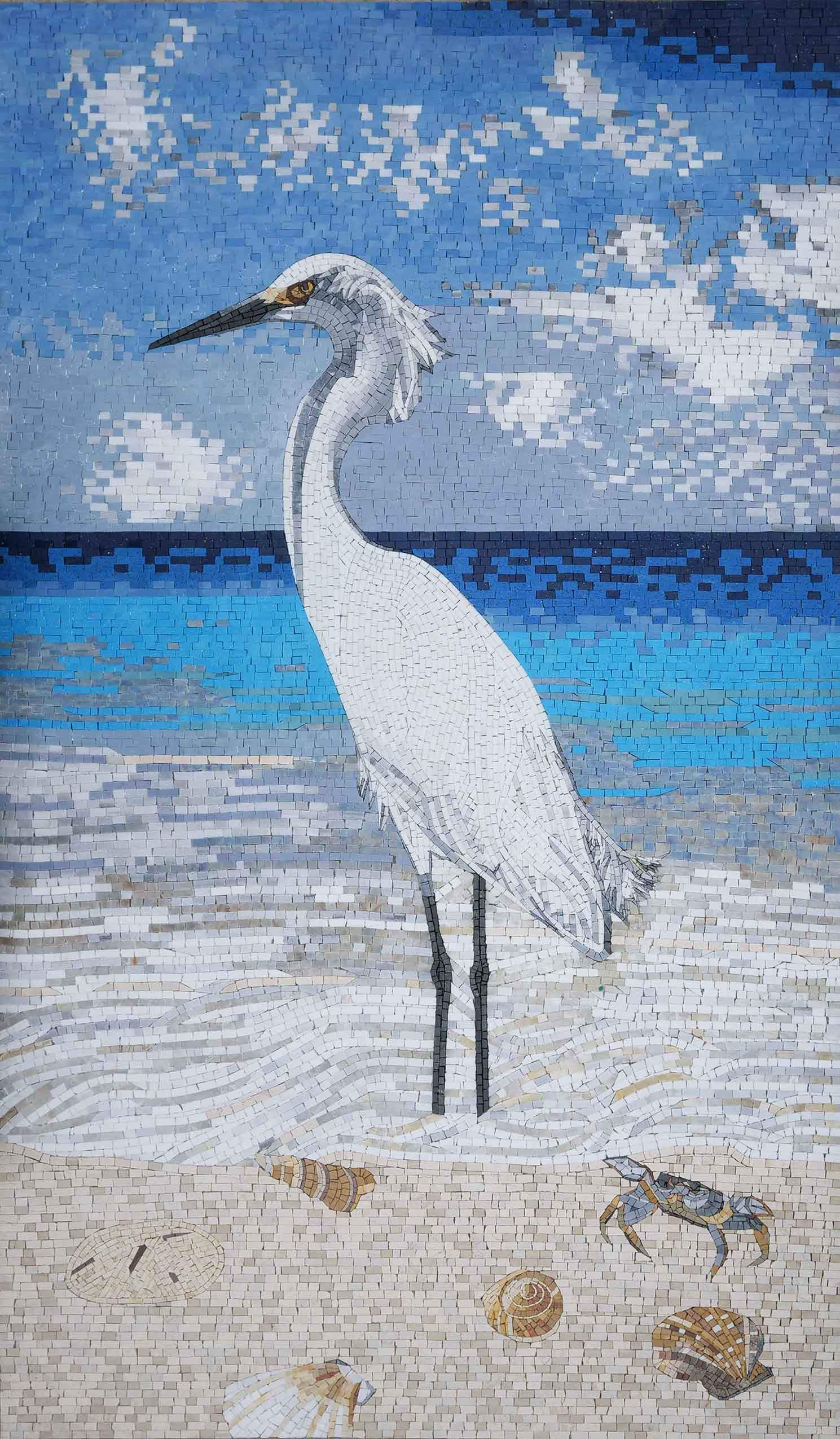 White Egret Reflecting - Sea Side Mosaic Art