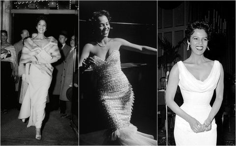 Collage of black and white photos of Dorothy Dandridge in formal Hollywood events in the 1950s 