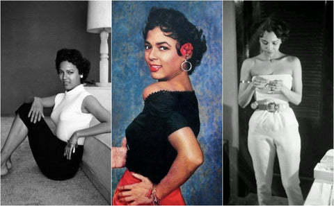Collage of three photos of vintage Hollywood star Dorothy Dandridge at home or dressed down in the 1950s