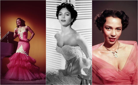 Dorothy Dandridge collage of three vintage 1950s formal red-carpet outfits for Hollywood events and photoshoots 