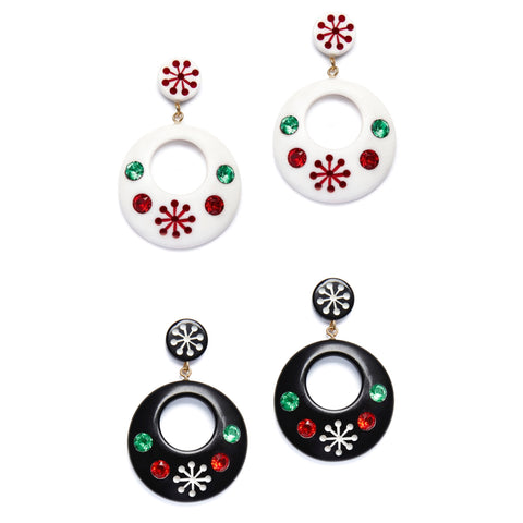 Splendette vintage inspired 1950s style Christmas white Lumi and black Musta Atomic Snowflake Drop Hoop Earrings