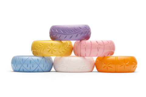 Splendette vintage inspired 1950s Bakelite style carved pastel Wide bangles from SS18 collection