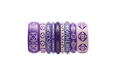 Splendette vintage inspired 1950s style carved purple fakelite stack with Duotone and leopard print bangles