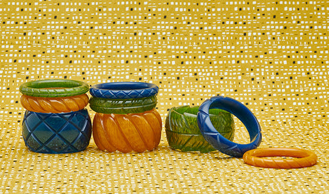 Splendette vintage inspired 1940s Bakelite style Golden Fakelite Autumn 2020 trio of blue Ink, green Olive and yellow Mustard bangles