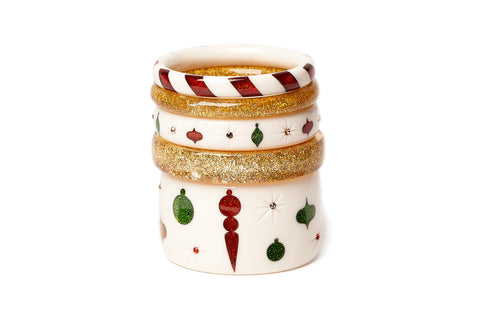 Splendette vintage inspired 1950s Christmas style White Baubles and Candy Cane stack of bangles 
