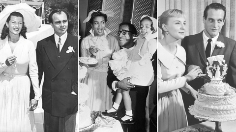 Collage of three vintage Las Vegas Weddings. Left to right: Rita Hayworth, Sammy Davis Jnr, Paul Newman.
