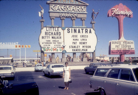 Vintage Las Vegas 1960s show board outside hotel featuring Frank Sinatra and Little Richard