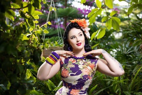 Splendette vintage inspired 1940s style purple Paradise Heavy Carve fakelite jewellery worn by pin up model