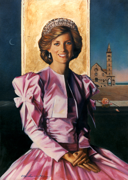 a painting of princess diana in a pink satin dress wearing a tiara. she is in front of a golden banner and the night sky.