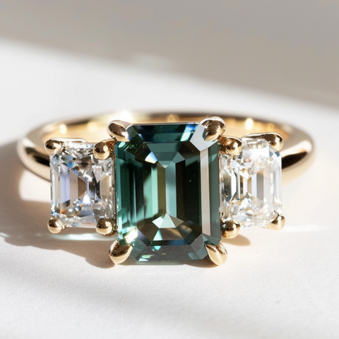 Emerald Cut Teal Sapphire Engagement Ring