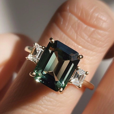 Emerald Cut Teal Sapphire Engagement Ring