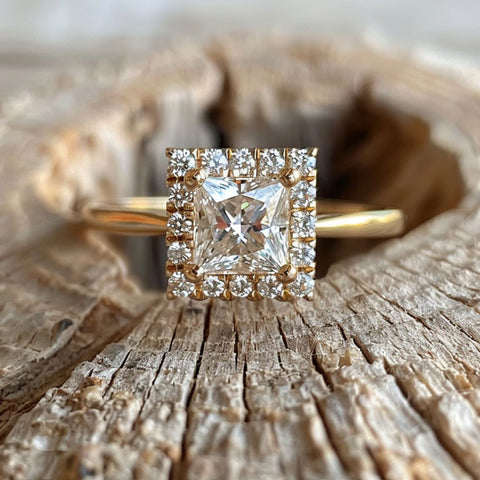 Aether Air Lab Diamond ethical sustainable engagement ring vintage modern diamond halo princess cut
