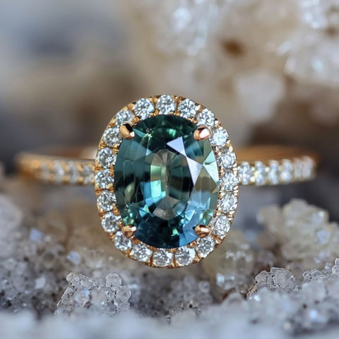 Alternative non-traditional Engagement Ring oval teal sapphire and diamond halo