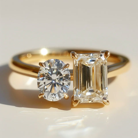 Alternative non-traditional Engagement Ring tot et moi style with emerald cut and oval cut diamond