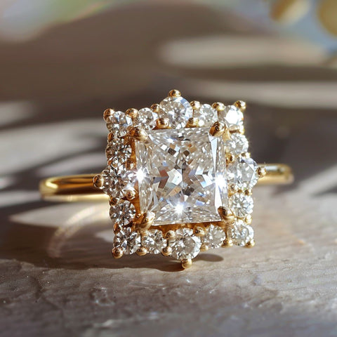 Alternative non-traditional Engagement Ring vintage style with princess cut center diamond and diamond halo
