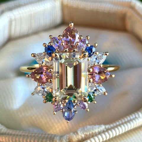 Alternative non-traditional Engagement Ring with colorful peacock flower halo crown and yellow emerald cut diamond