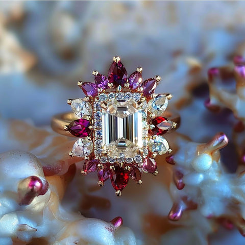 Bold non-traditional Engagement Ring with emerald cut diamond and red pink ruby morganite halo.