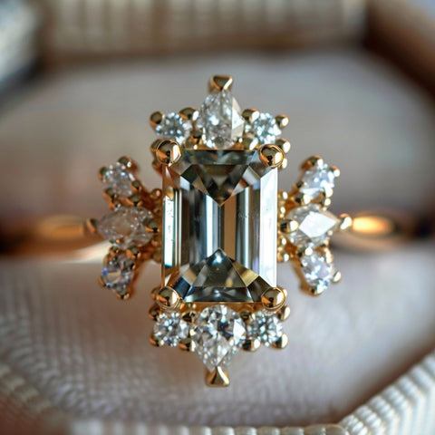 Emerald cut Grey diamond fairycore fantasy engagement ring with diamond halo