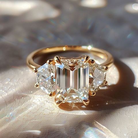 Non-traditional Engagement Ring with Emerald cut step cut diamond and trapezoid side diamonds