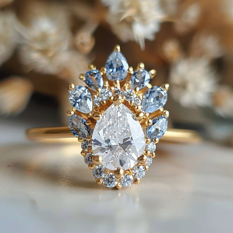 Non traditional diamond engagement ring pear cut diamond with light blue sapphire halo