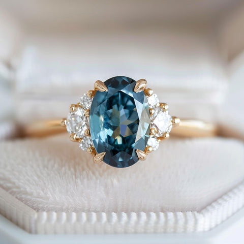 teal sapphire engagement ring with diamonds