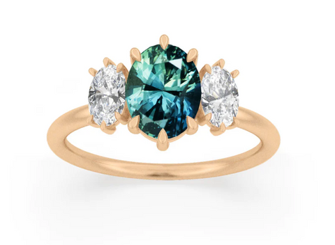 oval cut teal sapphire and diamond engagement ring