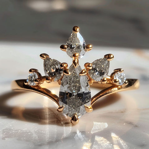 fairycore fantasy engagement ring celestial crown halo ring with pear cut grey diamonds