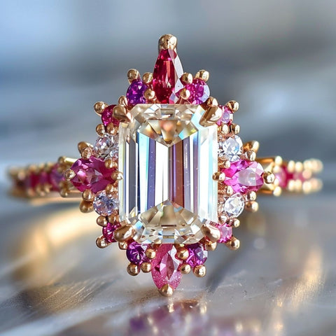 fairycore fantasy engagement ring with emerald cut diamond and red pink ruby morganite halo