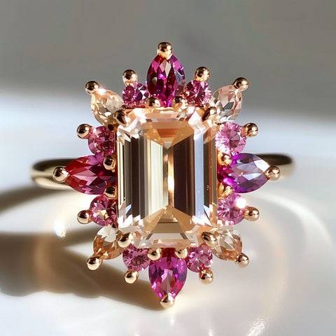 fairycore fantasy engagement ring with emerald cut morganite and red pink ruby halo