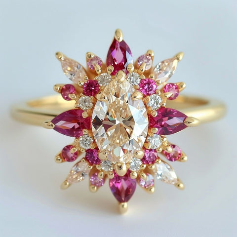 Fairy Flower fantasy engagement ring with marquise cut diamond and red pink ruby morganite halo