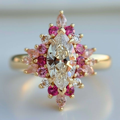 fairycore fantasy engagement ring with marquise cut diamond and red pink ruby morganite halo