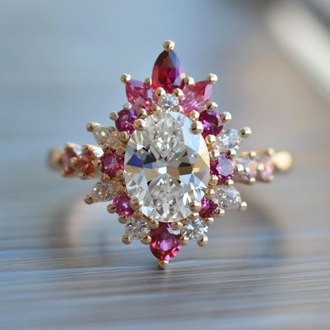 fairycore fantasy engagement ring with oval cut diamond and red pink ruby morganite halo