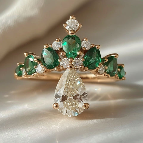 fairycore fantasy engagement ring with pear cut diamond and pear cut green emerald halo
