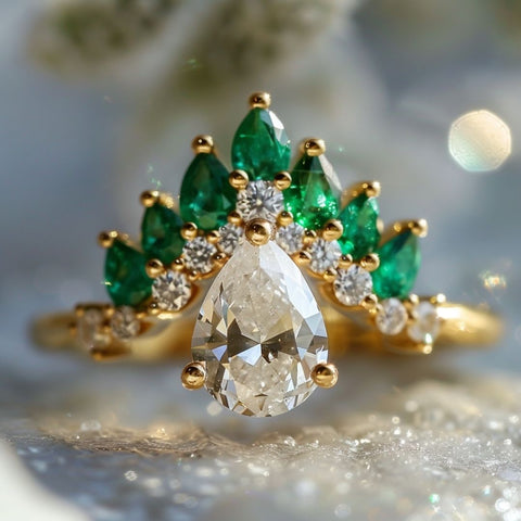 fairycore fantasy engagement ring with pear cut diamond and green emerald halo
