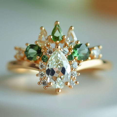 fairycore fantasy engagement ring with pear cut light green sapphire and pear cut green emerald halo