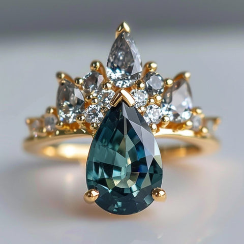 fairycore fantasy engagement ring with pear cut sapphire and pear cut diamond halo