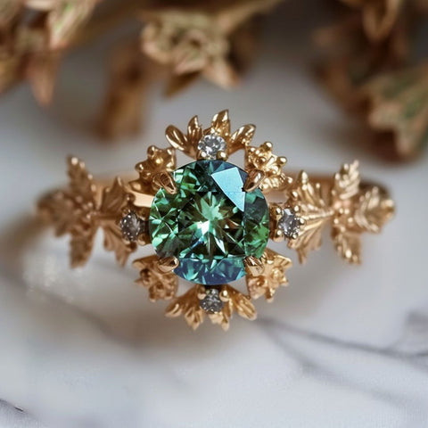 fairycore fantasy engagement ring with round cut green teal sapphire and nature inspired leaf and flowers