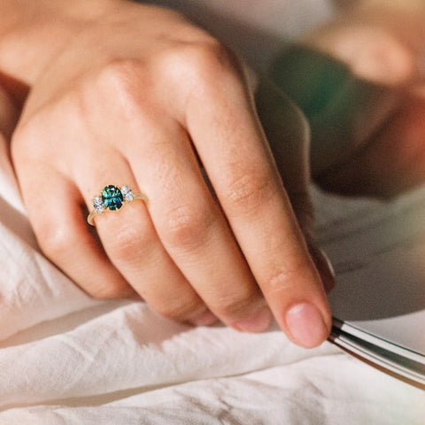 teal sapphire and diamond engagement ring