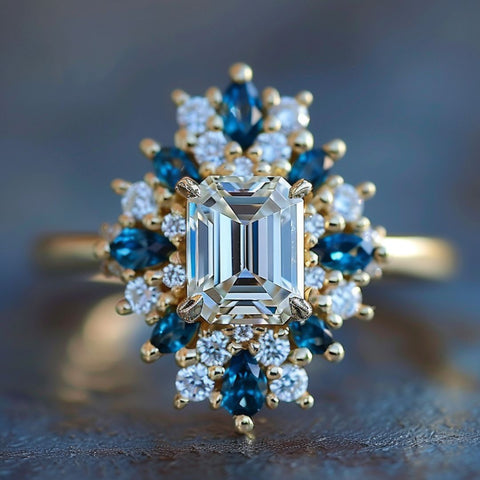 witchy engagement ring the crystal witch emerald cut diamond and sapphire diamond halo