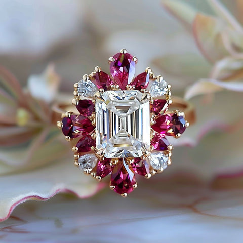 witchy engagement ring the flower and plant witch emerald cut diamond and pear cut ruby halo