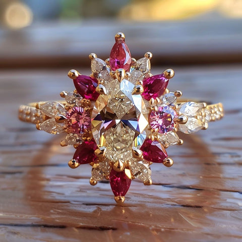 witchy engagement ring the flower and plant witch with marquise cut diamond and red pink ruby morganite halo