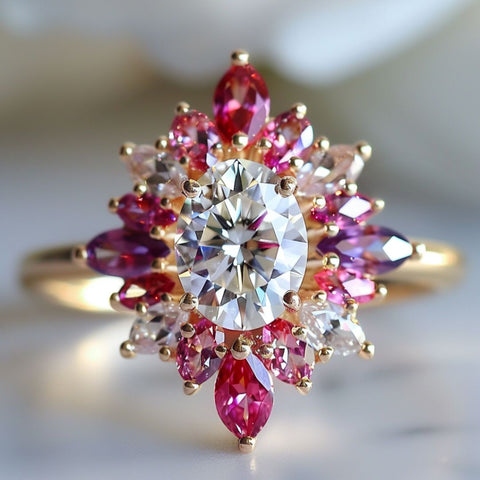 witchy engagement ring the flower and plant witch with oval cut diamond and red pink ruby morganite halo