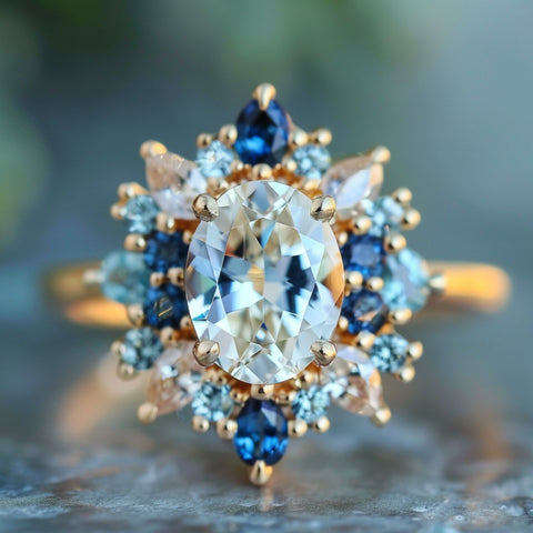 witchy engagement ring the sea witch with oval cut diamond and blue sapphire halo